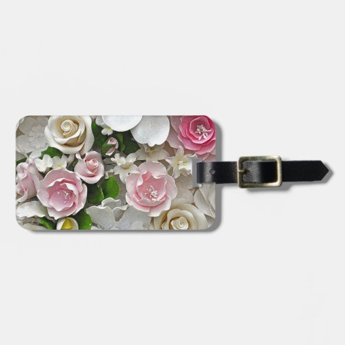 Pink and white floral print luggage tag