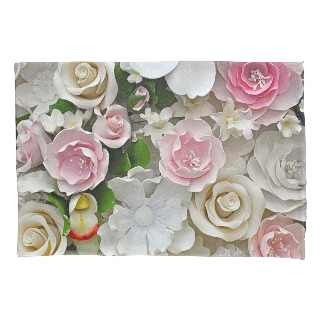 Pink and white floral print pillowcase (Front)