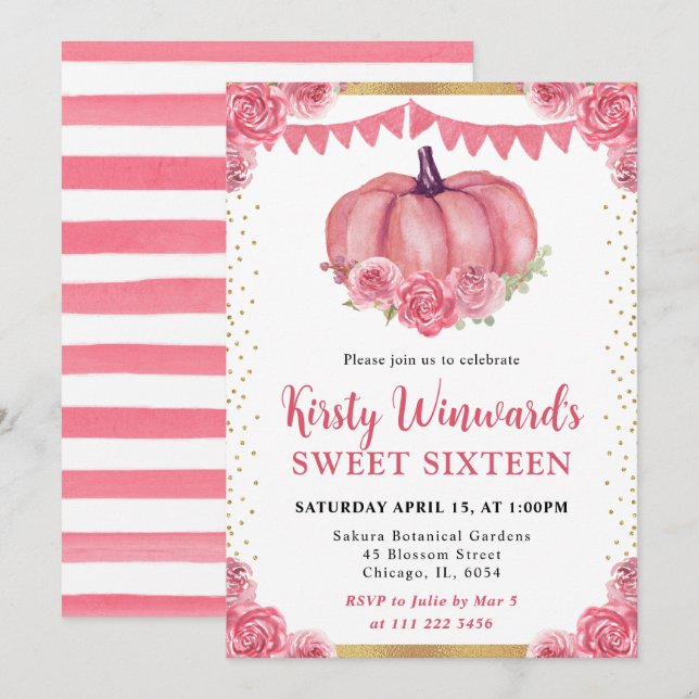 Pink and White Floral Pumpkin Fall Sweet 16 Invitation (Front/Back)