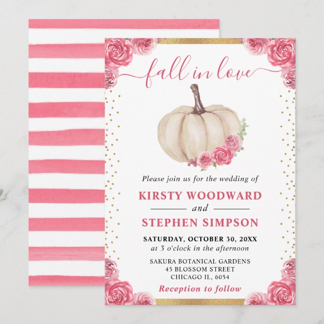 Pink and White Floral Pumpkin Fall Wedding Invitation (Front/Back)