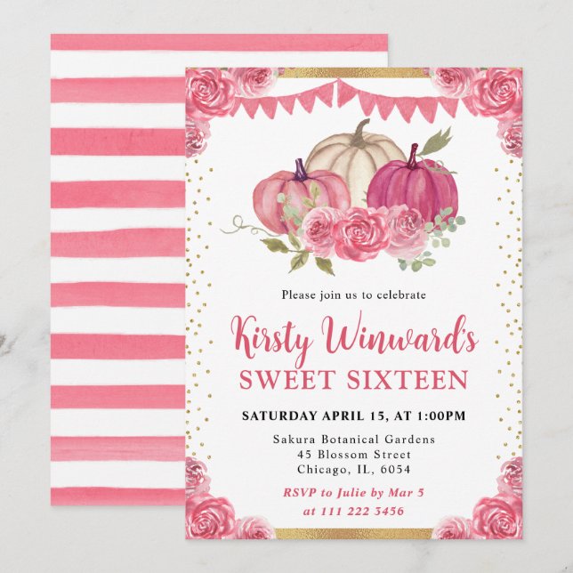 Pink and White Floral Pumpkins Fall Sweet 16 Invitation (Front/Back)