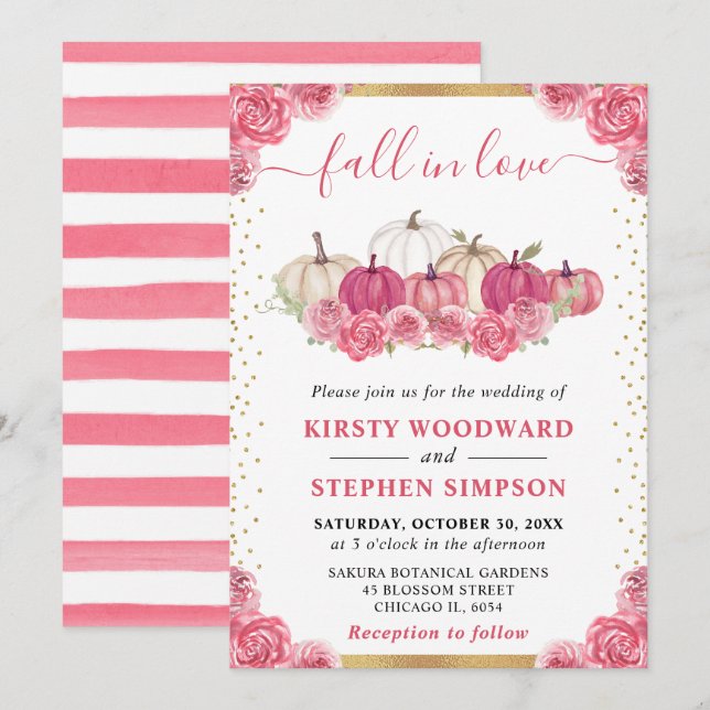 Pink and White Floral Pumpkins Fall Wedding Invitation (Front/Back)