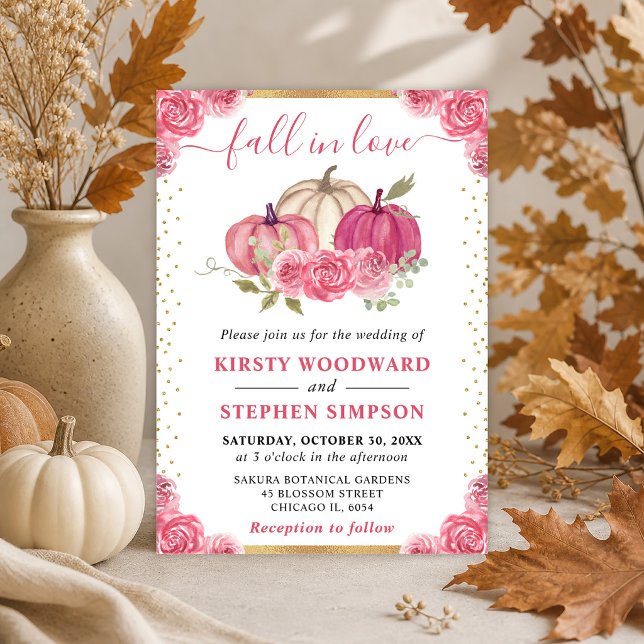 Pink and White Floral Pumpkins Fall Wedding Invitation (Creator Uploaded)