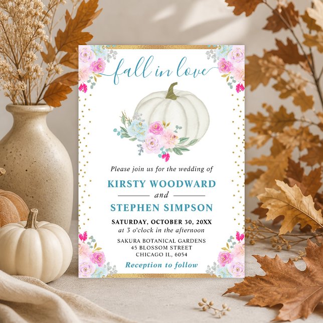 Pink and White Floral Pumpkins Fall Wedding Invitation (Creator Uploaded)