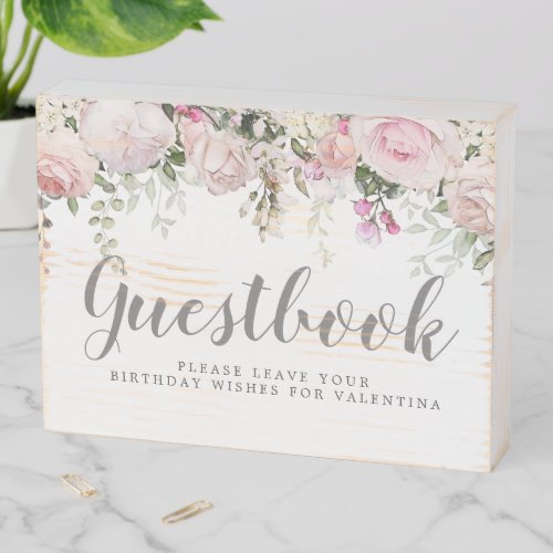 Pink and White Floral Quinceanera Guestbook Wooden Box Sign