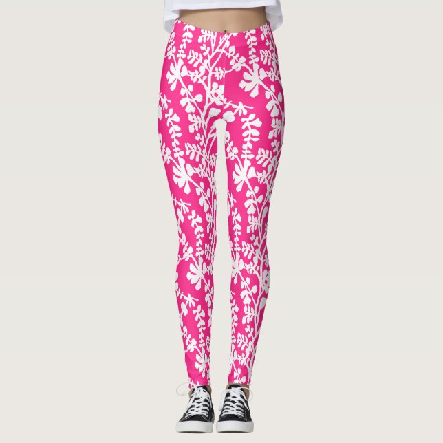 Pink And White Floral Repeating Pattern Leggings (Front)