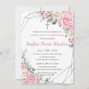 Pink and White Floral Silver First Holy Communion Invitation