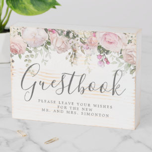 Pink and White Floral Wedding Guestbook Wooden Box Sign