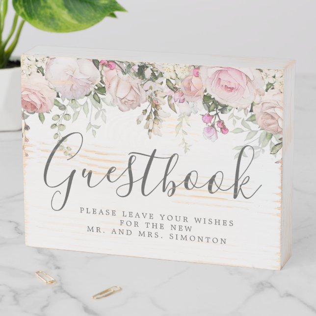 Pink and White Floral Wedding Guestbook Wooden Box Sign (In Situ Horizontal)
