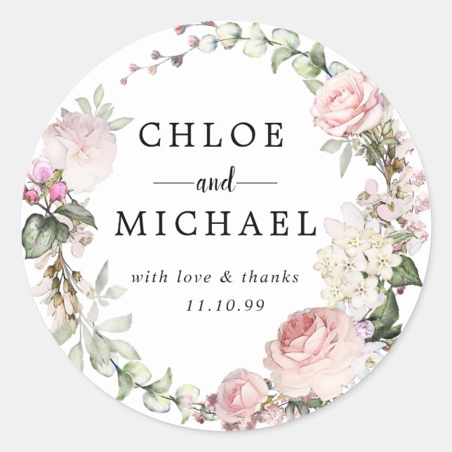 Pink and White Floral Wedding Thank You Favor Seal (Front)