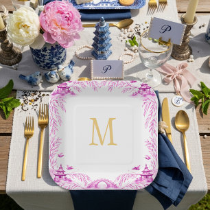 Pink and White Floral Willow Tile Monogram Paper Plates