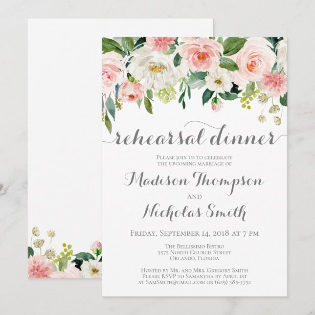 Pink and White Flower Rehearsal Dinner Invitations (Front/Back)