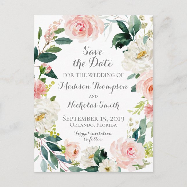 Pink and White Flower Save the Date Postcards (Front)