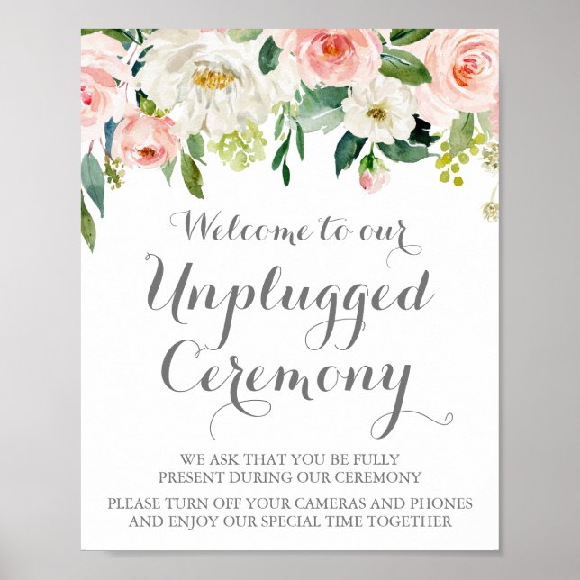 Pink and White Flower Unplugged Ceremony Sign (Front)