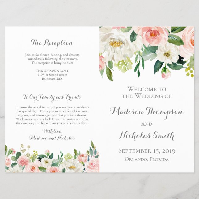 Pink and White Flower Wedding Program Booklets Flyer (Front)
