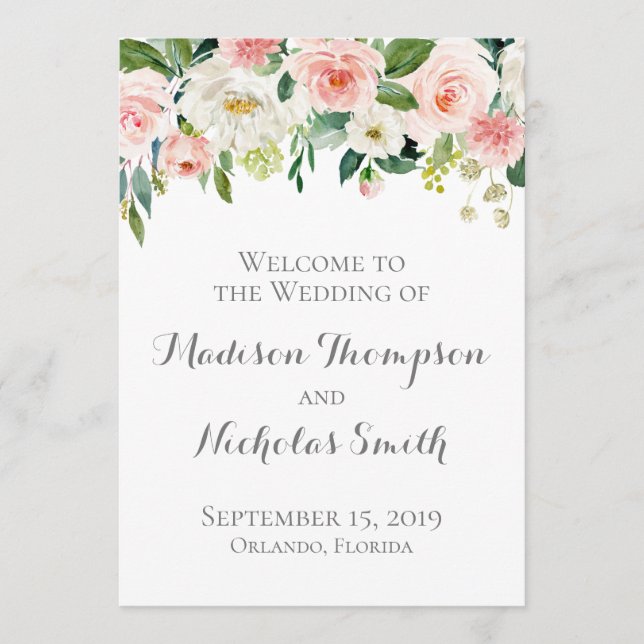 Pink and White Flower Wedding Program Cards (Front)