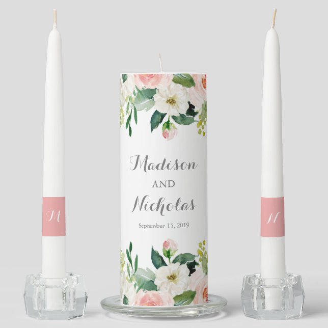 Pink and White Flower Wedding Unity Candle Set (Front)