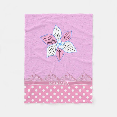 Pink And White Flowers And Dots Fleece Blanket