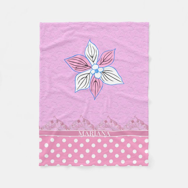 Pink And White Flowers And Dots Fleece Blanket (Front)