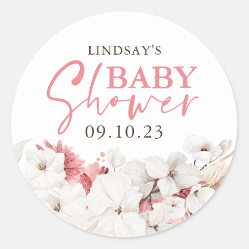 Pink and White Flowers Boho Baby Shower Classic Round Sticker