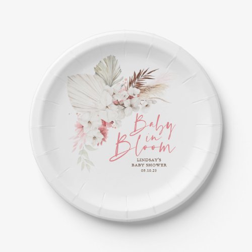 Pink and White Flowers Boho Baby Shower Paper Plates