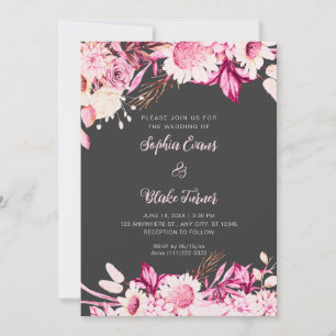 Pink and White Flowers Boho Gray Wedding Invitation