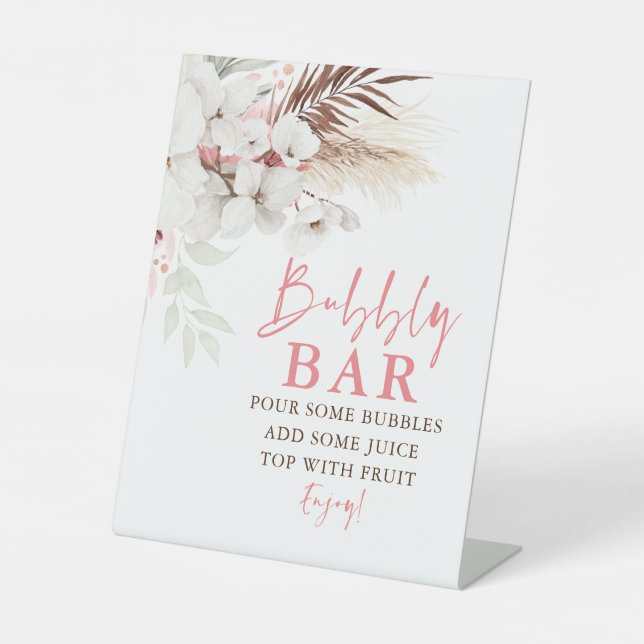 Pink and White Flowers Bubbly Bar  Pedestal Sign (Front)