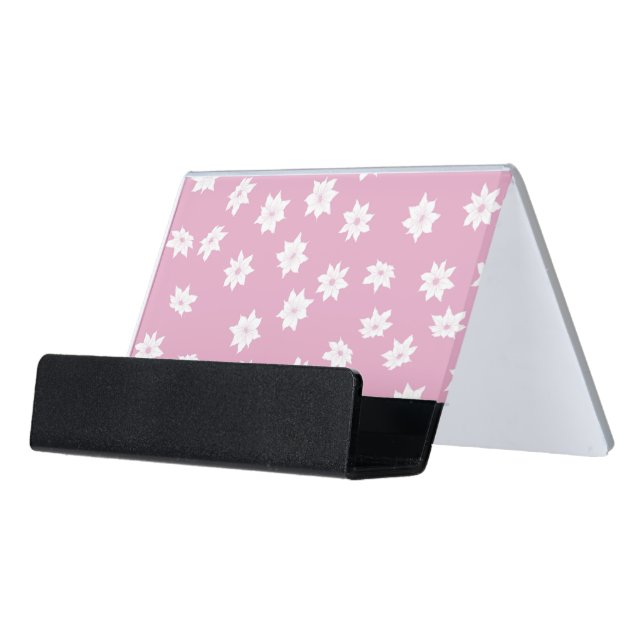 Pink and White Flowers Desk Business Card Holder (Angled Front)