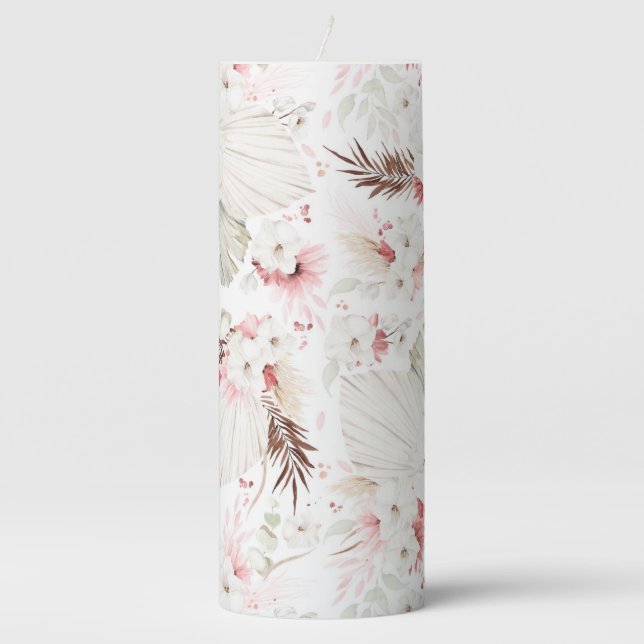 Pink and White Flowers Elegant Botanical Boho Pillar Candle (Front)