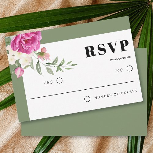 Pink and white flowers floral sage green wedding RSVP card