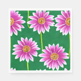 Pink and White Flowers on Green Background Napkins