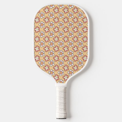 Pink and White Flowers on Peach Pickleball Paddle