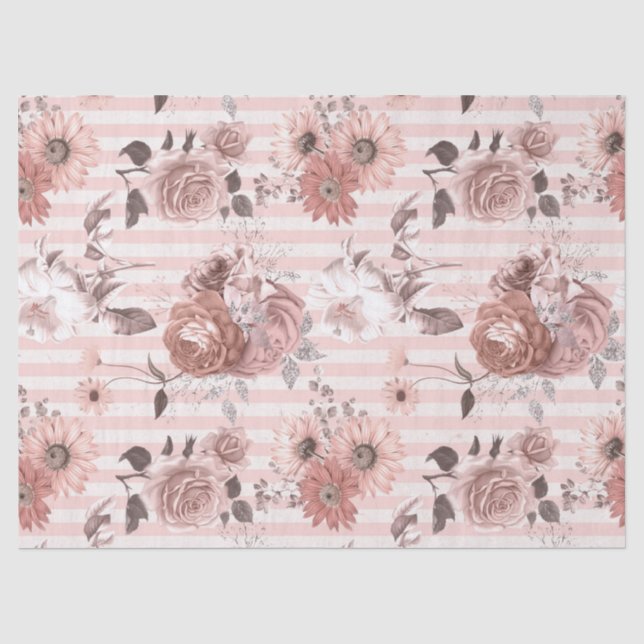 Pink and White Flowers on Striped Decoupage Tissue Paper (Front)