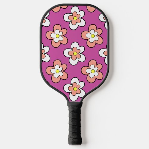 Pink and White Flowers on Vibrant Purple Pickleball Paddle