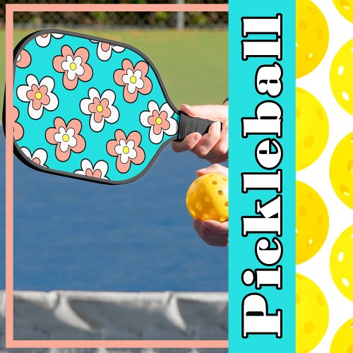 Pink and White Flowers on Vibrant Turquoise Pickleball Paddle