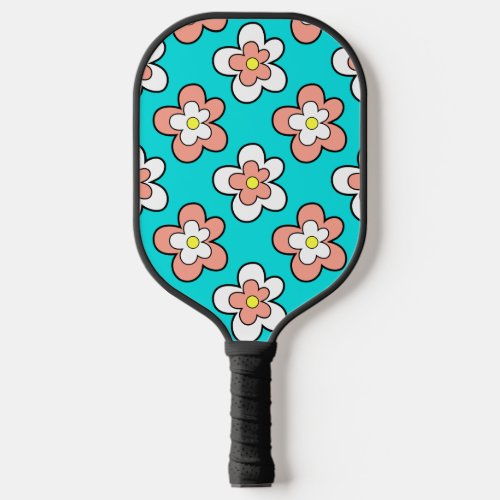 Pink and White Flowers on Vibrant Turquoise Pickleball Paddle