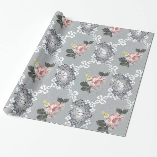 Pink And White Flowers Over Gray Background Wrapping Paper (Unrolled)