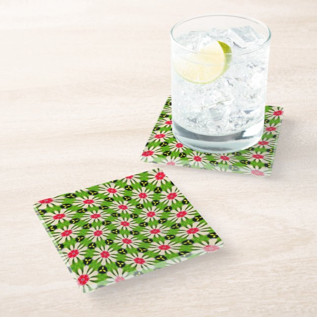 Pink and White Flowers Pattern Glass Coaster (Angled)