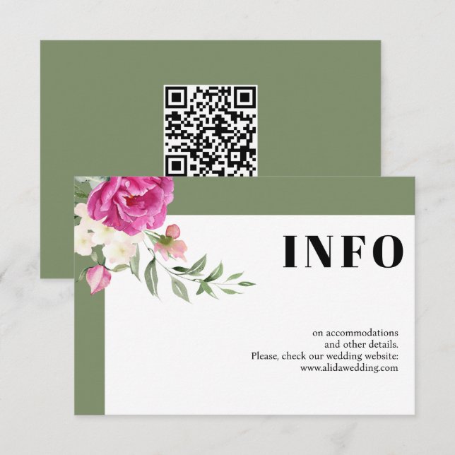 Pink  and white flowers sage green wedding details enclosure card (Front/Back)