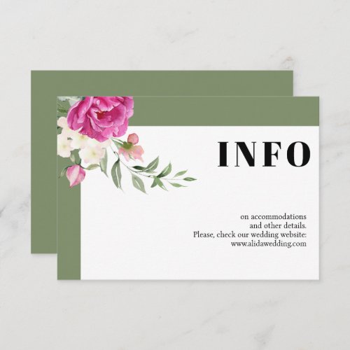 Pink  and white flowers sage green wedding details enclosure card