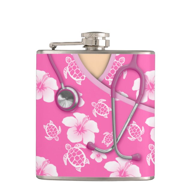 Pink And White Flowers Turtles Medical Scrubs Flask (Front)