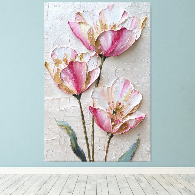 Pink and White Flowers with Gold Texture Abstract  Canvas Print (Insitu(Wood Floor))