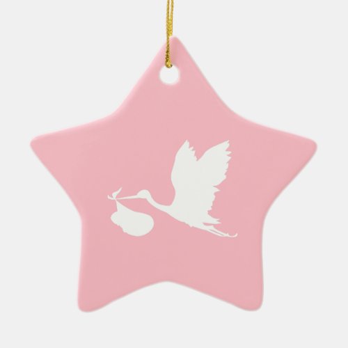 Pink and White Flying Stork New Baby Ceramic Ornament