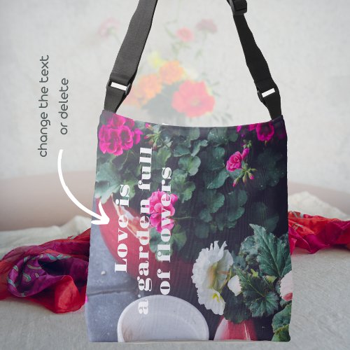 Pink and white garden geranium flowers crossbody bag