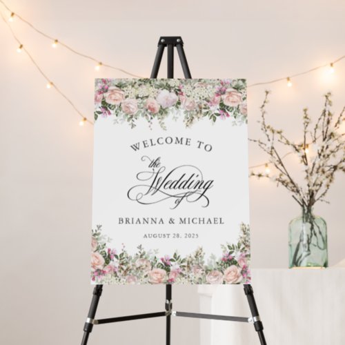 Pink and White Garden Roses Wedding Welcome Foam Board