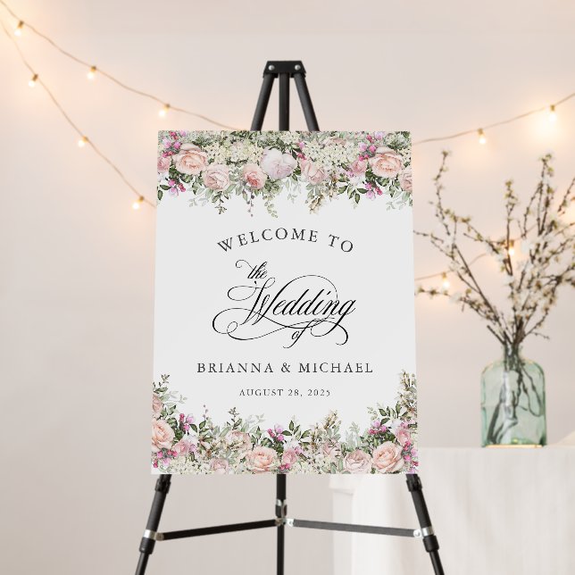 Pink and White Garden Roses Wedding Welcome Foam Board (In Situ (Stand))