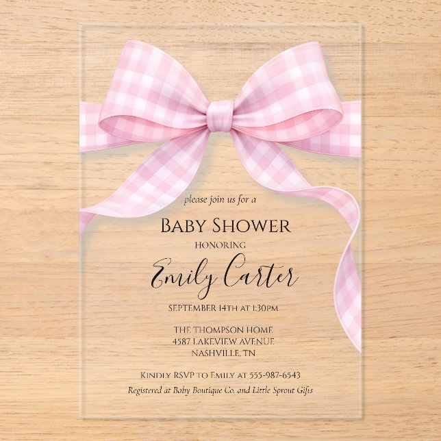 Pink and White Gingham Bow Baby Shower Invitation (Front)
