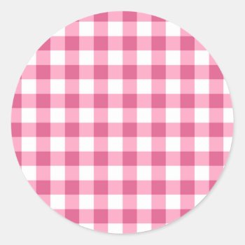 Pink And White Gingham Check Pattern Classic Round Sticker by InTrendPatterns at Zazzle