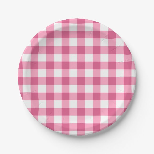 Pink And White Gingham Check Pattern Paper Plates (Front)