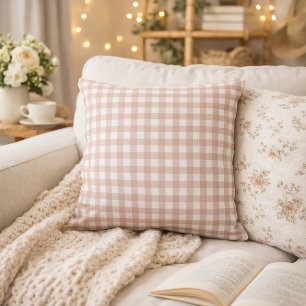 Pink and White Gingham Check Pattern Throw Pillow